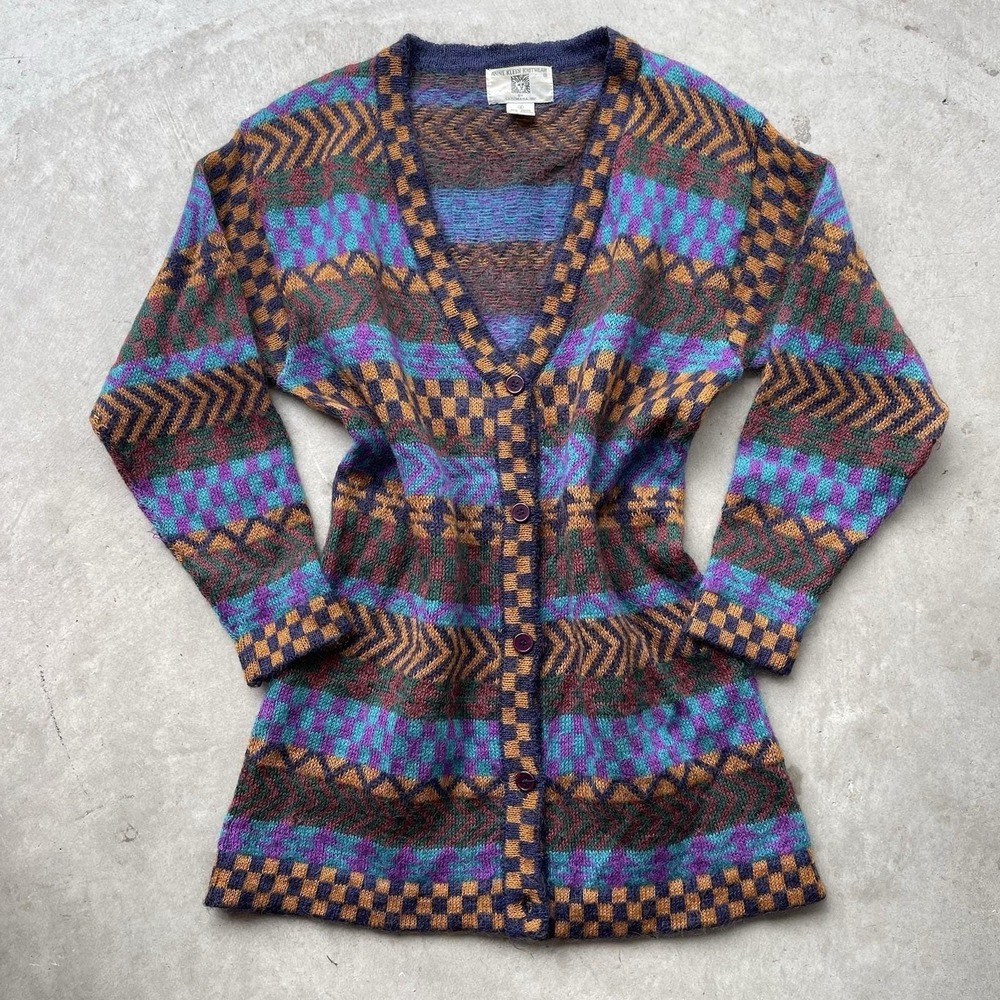 Vintage 80s Anne Klein Mohair Cardigan Colorful Pattern Knit Sweater Size S